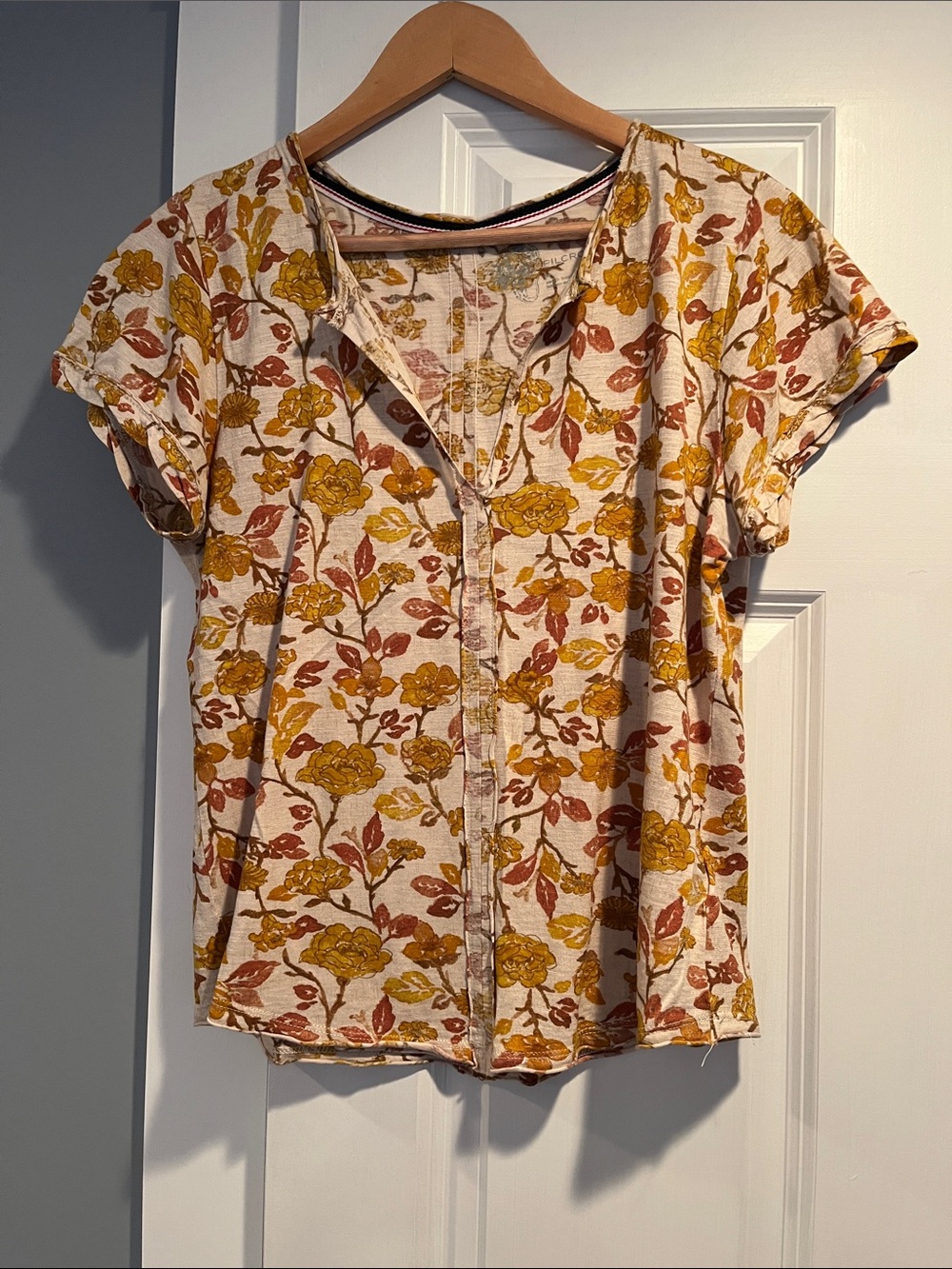 Pilcro Floral Short Sleeve Top - mustard/brown on Cream